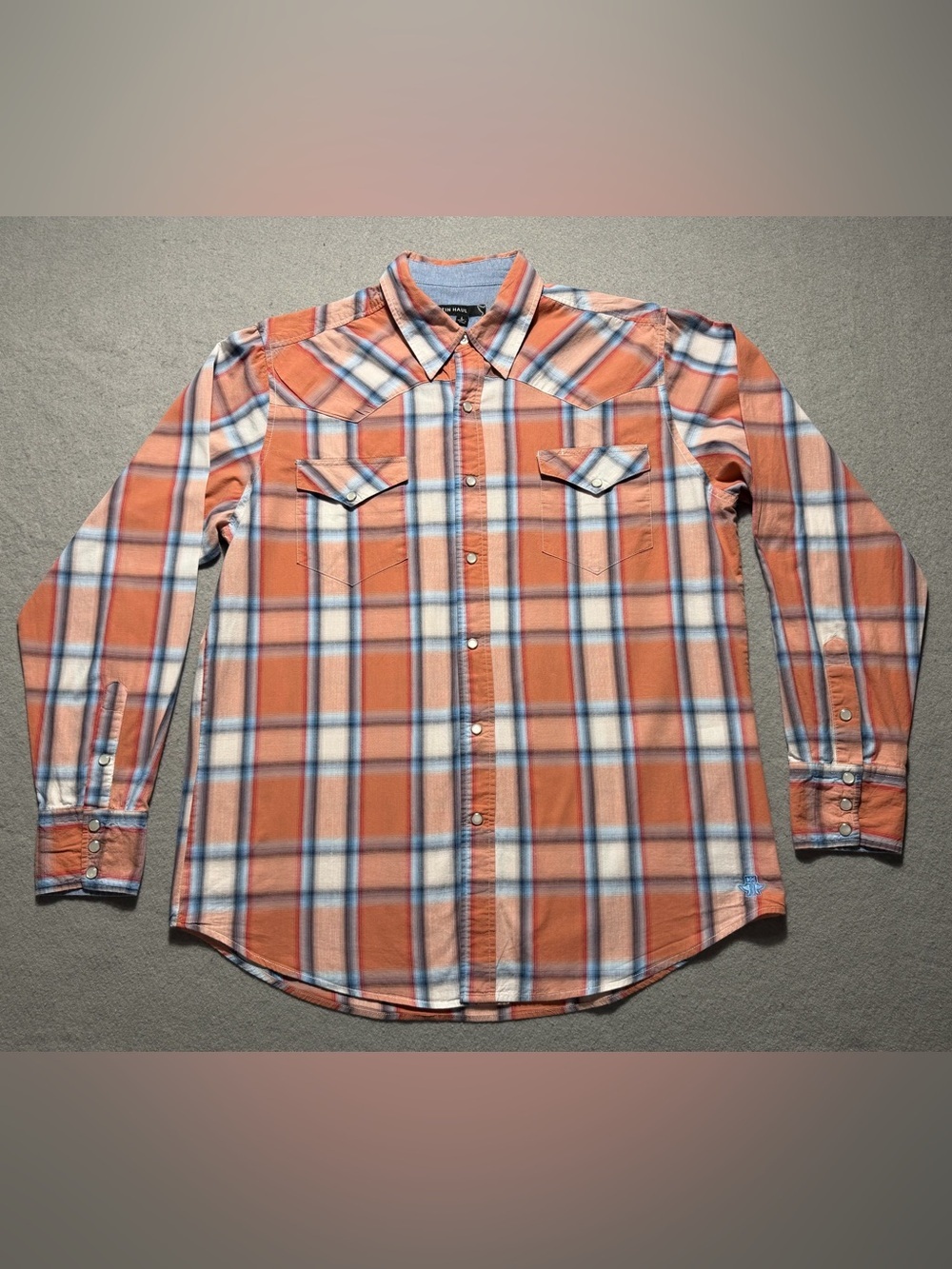 Tin Haul Western Shirt Mens Large Orange Plaid Pearl Snap Long Sleeve Cowboy